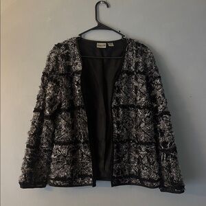 Chico’s Silk Blend Textured Open Front Jacket Blazer Women’s Size 8 Black Gray